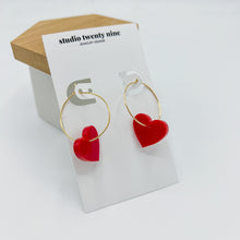 Load image into Gallery viewer, Red or Pink Heart Charm Hoop Earrings