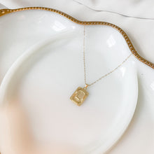 Load image into Gallery viewer, Unapologetically You - 14k gold filled rectangle initial necklace. Tag pendant with uppercase letter on cable chain. High quality, tarnish resistant.