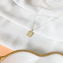 Load image into Gallery viewer, Unapologetically You - 14k gold filled rectangle initial necklace. Tag pendant with uppercase letter on cable chain. High quality, tarnish resistant.