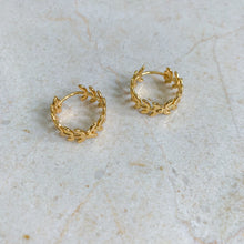 Load image into Gallery viewer, Greek Laurel Leaf Huggie Gold Filled Earrings