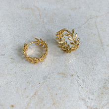 Load image into Gallery viewer, Greek Laurel Leaf Huggie Gold Filled Earrings