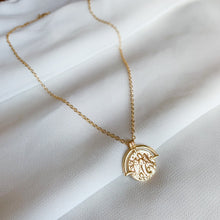 Load image into Gallery viewer, 14k gold filled custom zodiac sign necklace. Double sided zodiac coin medallion on cable chain. High quality, tarnish resistant. Choose your zodiac sign. Pictured in Virgo.