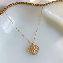 Load image into Gallery viewer, 14k gold filled custom zodiac sign necklace. Double sided zodiac coin medallion on cable chain. High quality, tarnish resistant. Choose your zodiac sign. Pictured in Virgo.