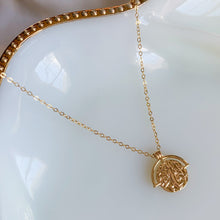 Load image into Gallery viewer, 14k gold filled custom zodiac sign necklace. Double sided zodiac coin medallion on cable chain. High quality, tarnish resistant. Choose your zodiac sign. Pictured in Virgo.