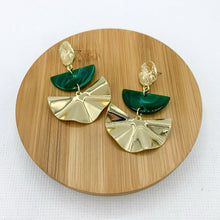 Load image into Gallery viewer, Emerald green half moon and gold fan statement earrings with textured round gold stud. Unique design with an Art Deco vibe that will elevate any special occasion style, especially wedding guest style.