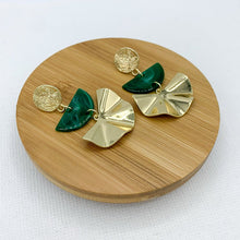 Load image into Gallery viewer, Emerald green half moon and gold fan statement earrings with textured round gold stud. Unique design with an Art Deco vibe that will elevate any special occasion style, especially wedding guest style.