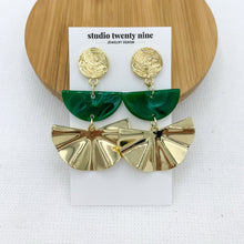 Load image into Gallery viewer, Emerald green half moon and gold fan statement earrings with textured round gold stud. Unique design with an Art Deco vibe that will elevate any special occasion style, especially wedding guest style.