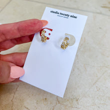 Load image into Gallery viewer, Gold Filled CZ Herringbone Leaf Huggies
