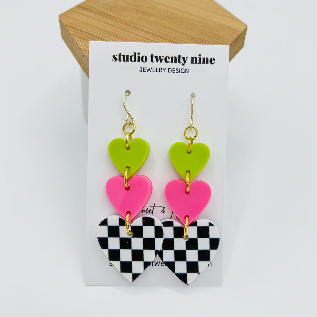 Neon Checkered Heart Earrings