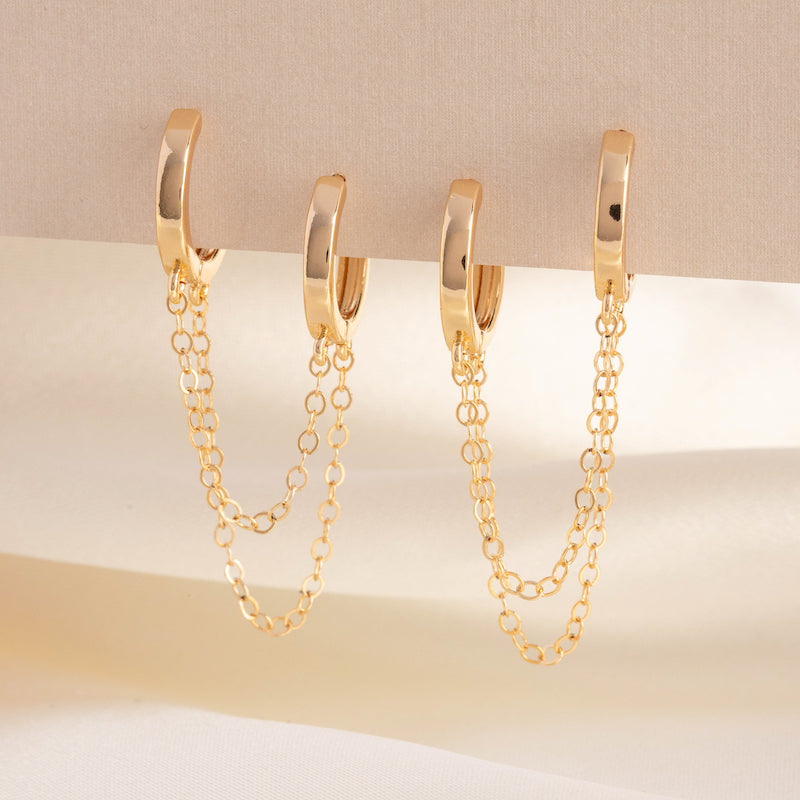 Double Gold Huggie Hoop Chain Set