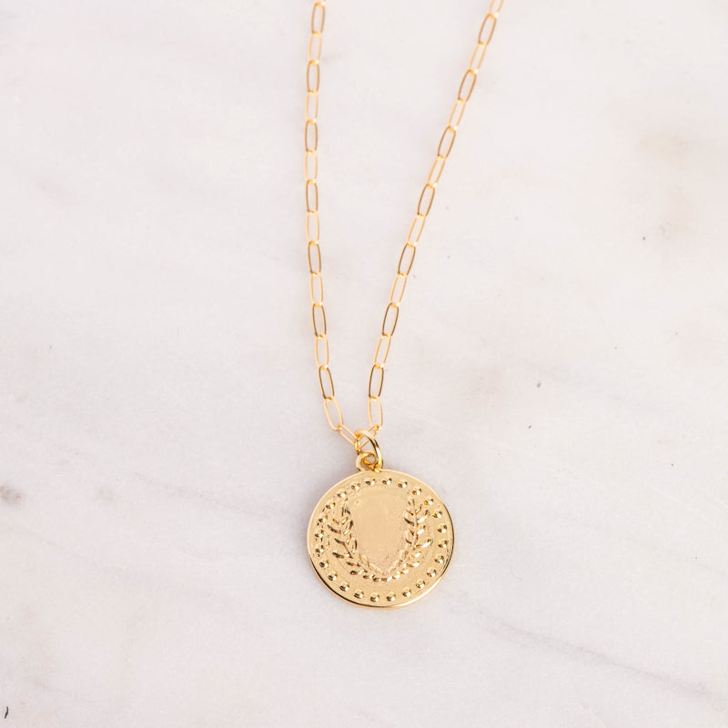 Gold Coin Necklace - Greek Olive Leaf