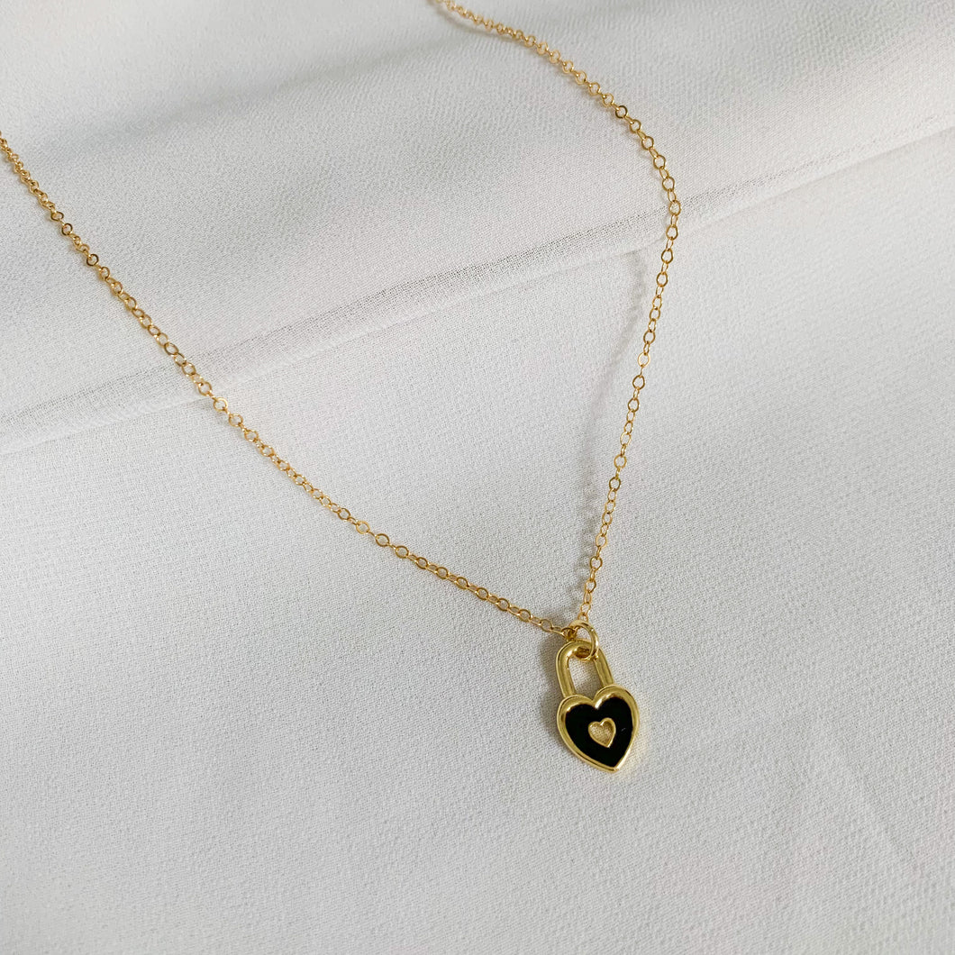 Dainty Black Heart Lock Gold Filled Necklace