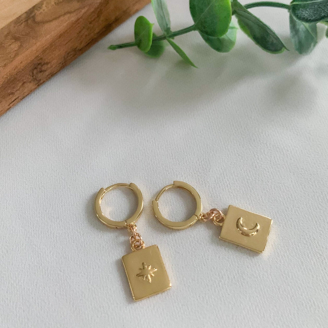 Mismatched Star and Moon Gold Filled Huggie Earrings