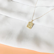 Load image into Gallery viewer, Unapologetically You - 14k gold filled rectangle initial necklace. Tag pendant with uppercase letter on cable chain. High quality, tarnish resistant.

