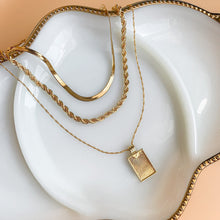 Load image into Gallery viewer, 18k gold filled 3 layer necklace set including a herringbone chain, a rope chain, and rectangle sunburst pendant on a thin twisted rope chain. High quality, tarnish resistant.
