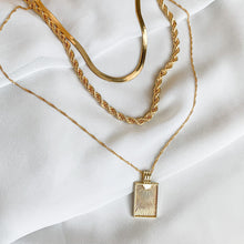 Load image into Gallery viewer, 18k gold filled 3 layer necklace set including a herringbone chain, a rope chain, and rectangle sunburst pendant on a thin twisted rope chain. High quality, tarnish resistant.
