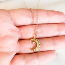 Load image into Gallery viewer, The Light in the Darkness - 14k gold filled hammered crescent moon with clear CZ stones on 14k gold filled cable chain. High quality, tarnish resistant.
