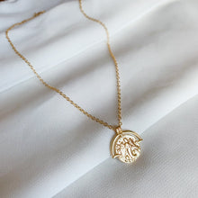 Load image into Gallery viewer, 14k gold filled custom zodiac sign necklace. Double sided zodiac coin medallion on cable chain. High quality, tarnish resistant. Choose your zodiac sign. Pictured in Virgo.
