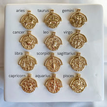 Load image into Gallery viewer, 14k gold filled custom zodiac sign necklace. Double sided zodiac coin medallion on cable chain. High quality, tarnish resistant. Choose your zodiac sign from all zodiac sign pendants shown.

