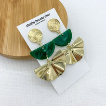 Load image into Gallery viewer, Emerald green half moon and gold fan statement earrings with textured round gold stud. Unique design with an Art Deco vibe that will elevate any special occasion style, especially wedding guest style.
