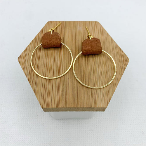 Brown and gold earrings made with genuine leather looped on a gold hoop. Minimalist and lightweight for everyday. Ball post stud.