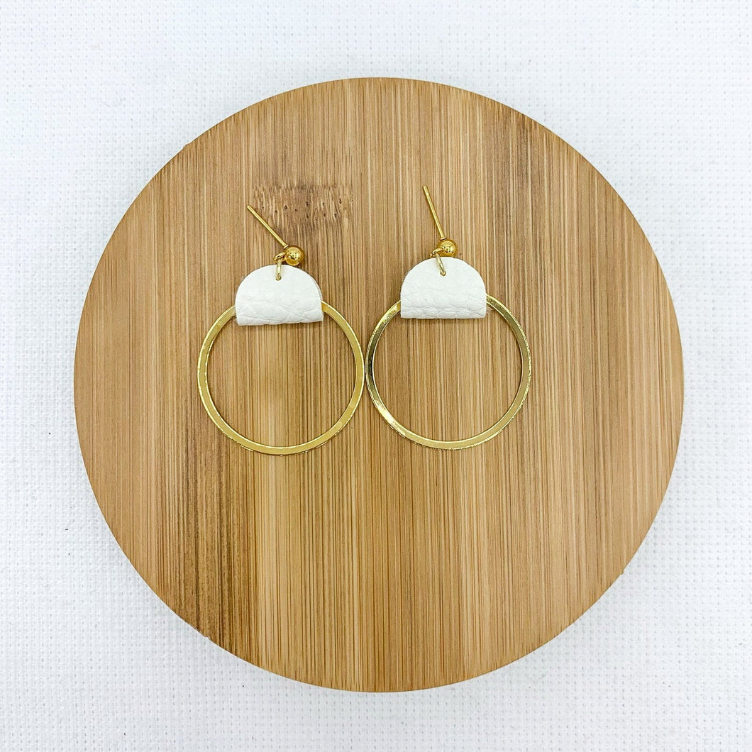 White Leather and Gold Hoop Earrings
