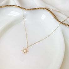 Load image into Gallery viewer, The Radiant One - 14k gold filled starburst with opal and clear CZ stones on 14k gold filled cable chain. High quality, tarnish resistant.
