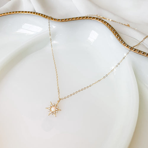 The Radiant One - 14k gold filled starburst with opal and clear CZ stones on 14k gold filled cable chain. High quality, tarnish resistant.