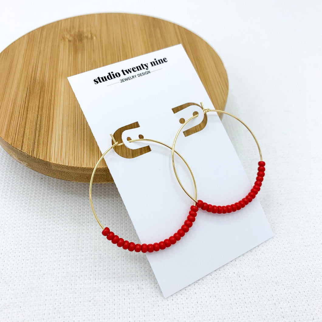 Red Beaded Boho Hoop Earrings