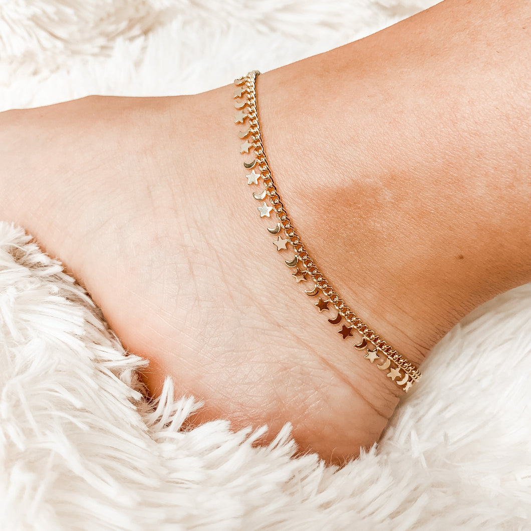 Gold Filled Star and Moon Anklet