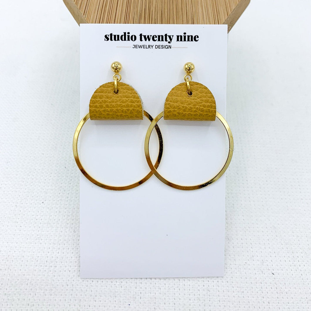 Mustard Leather and Gold Hoop Earrings